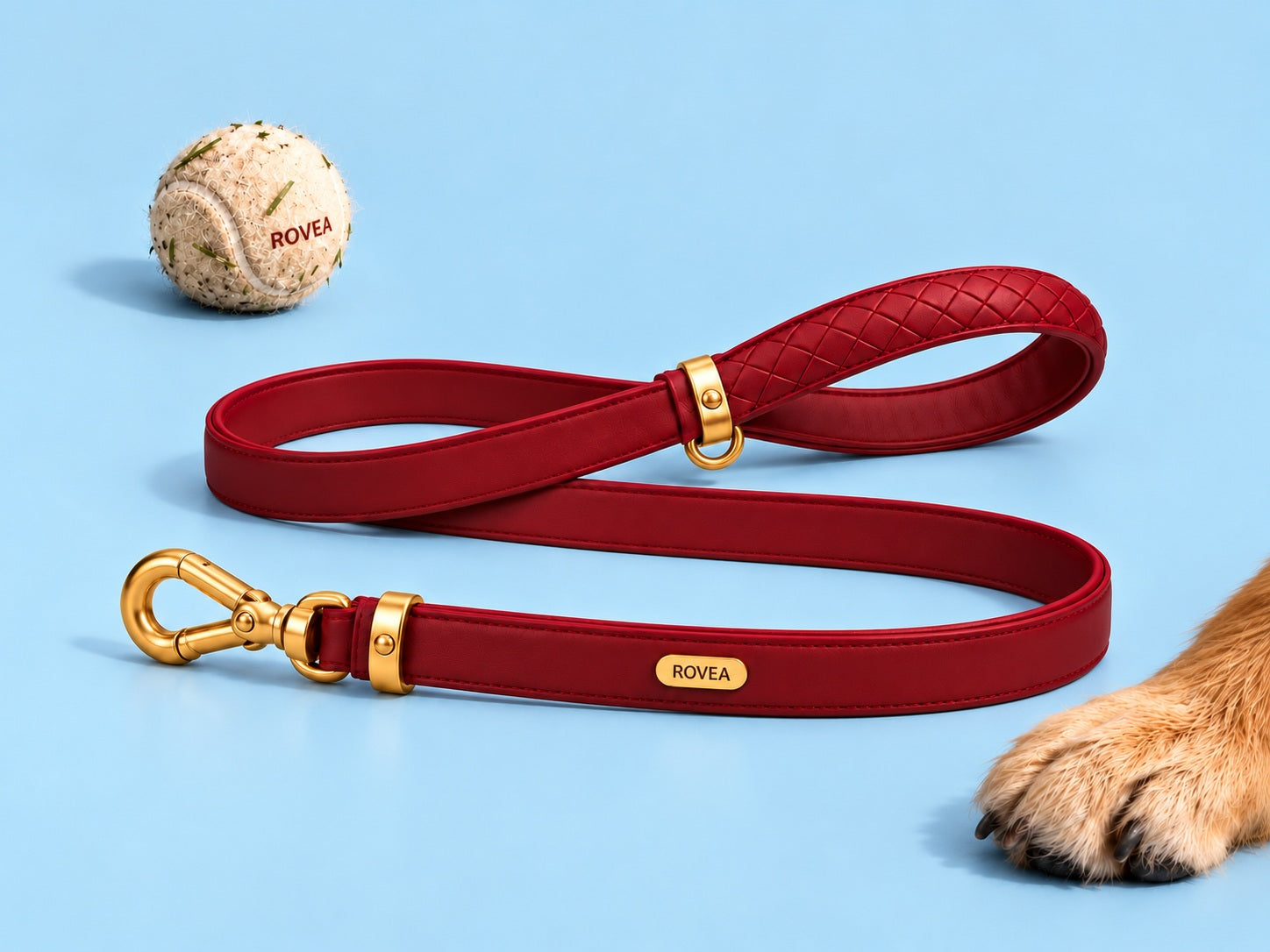 Bordeaux lead on Sky, with a grassy ROVEA ball at top left and a Golden Retriever paw at bottom right